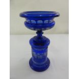 A Victorian blue glass jardinière decorated with flowers and leaves on raised circular base, A/F