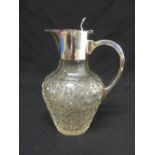 Edward Viner hobnail cut crystal claret jug with silver top and handle, Sheffield 1932