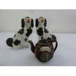 A pair of Staffordshire flat back dogs and a barge teapot