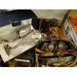 Leather cased USSR binoculars, bell with bracket,