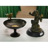 A bronze tazza stamped Barbedienne & a gilded cherub figure on plinth (2)