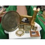 Box containing various frames including a Florentine design mirror, another mirror,