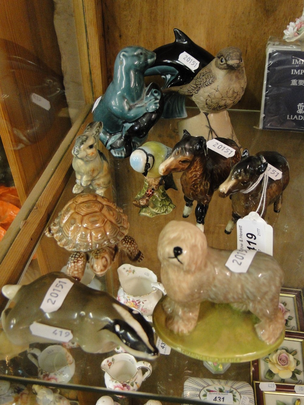 Wade Old English sheepdog, Beswick foals & bluetit, Poole bird, seal & dolphin,