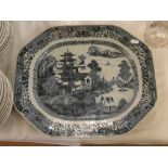 An 18th century Nankin meat plate with painted design of a pagoda in a landscape