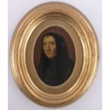 A 19th century miniature oil painting on metal, portrait of a man wearing a black cloak, unsigned,
