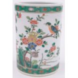 A Chinese porcelain brush pot, with painted birds and flowers, height 6".