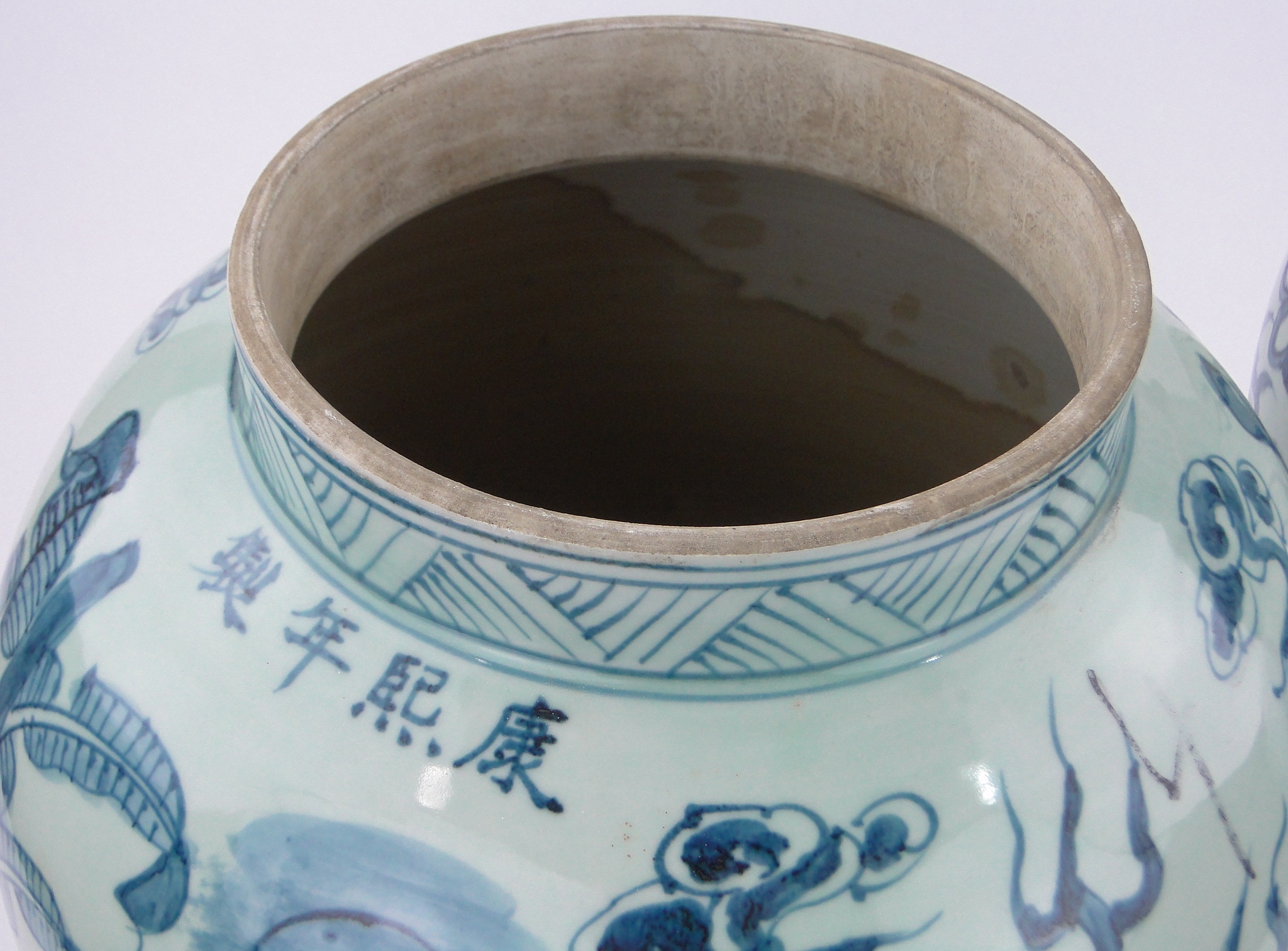 Pair of large Chinese blue and white porcelain vases, with painted dragons and text, height 22". - Bild 3 aus 8