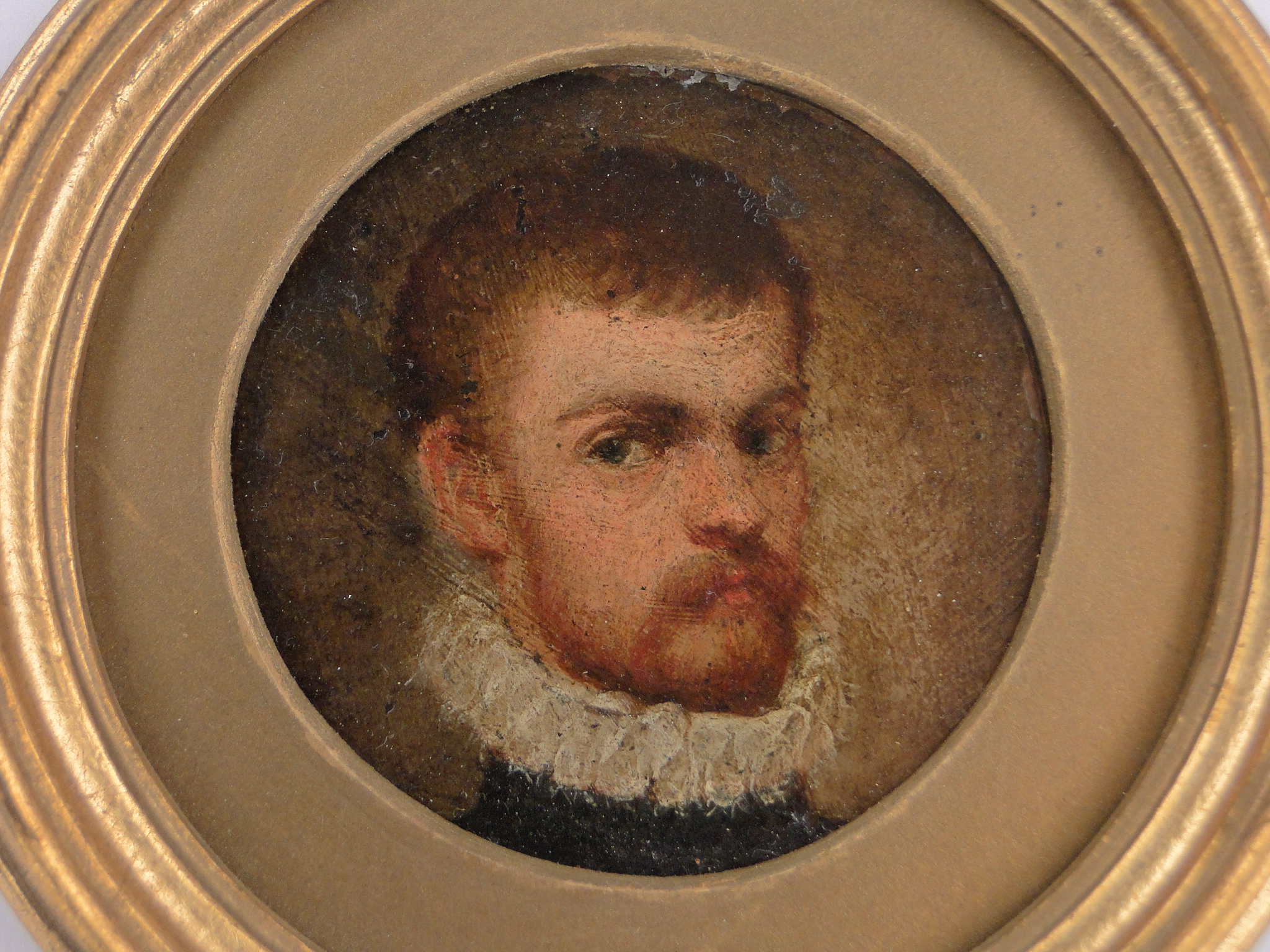 A 19th century miniature oil painting on metal, portrait of a man wearing a ruff, unsigned, - Image 2 of 3