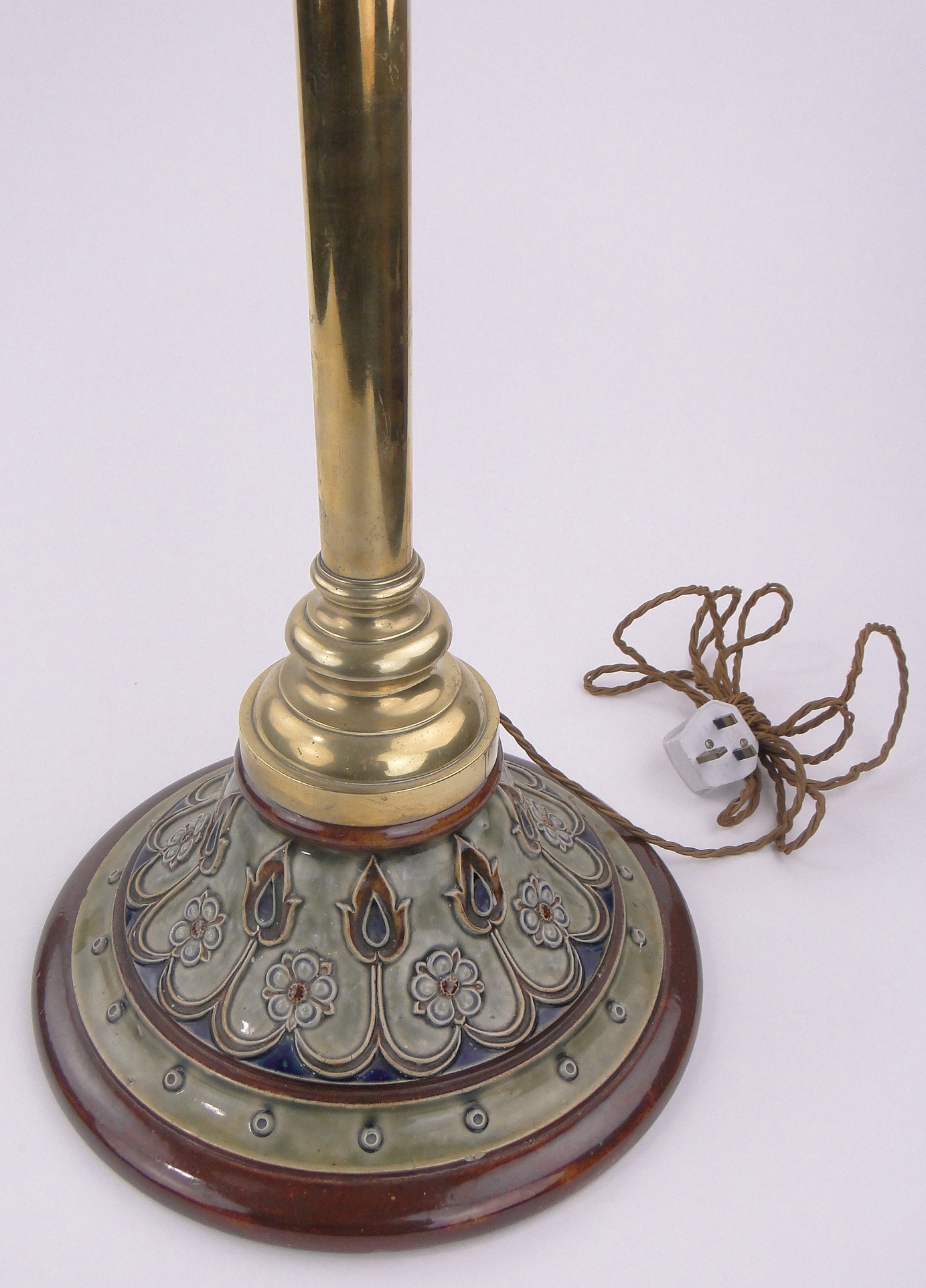 A Victorian floor standing Doulton Lambeth ceramic and brass standard lamp, - Image 3 of 5