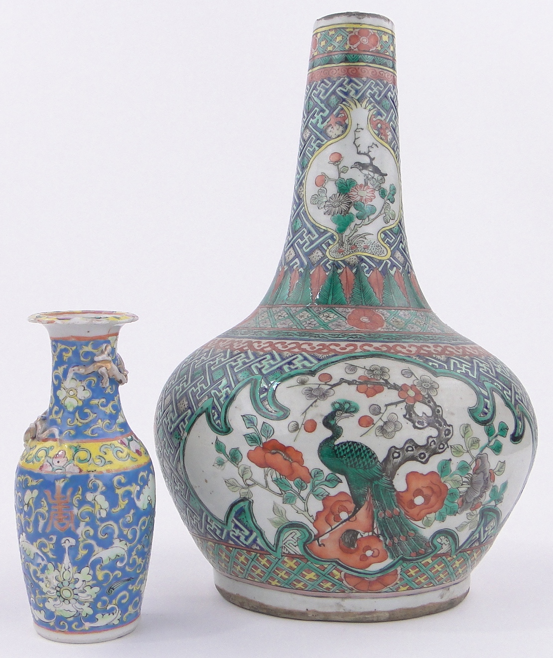 A Chinese Famille Vert porcelain baluster vase, with painted panels of exotic birds,