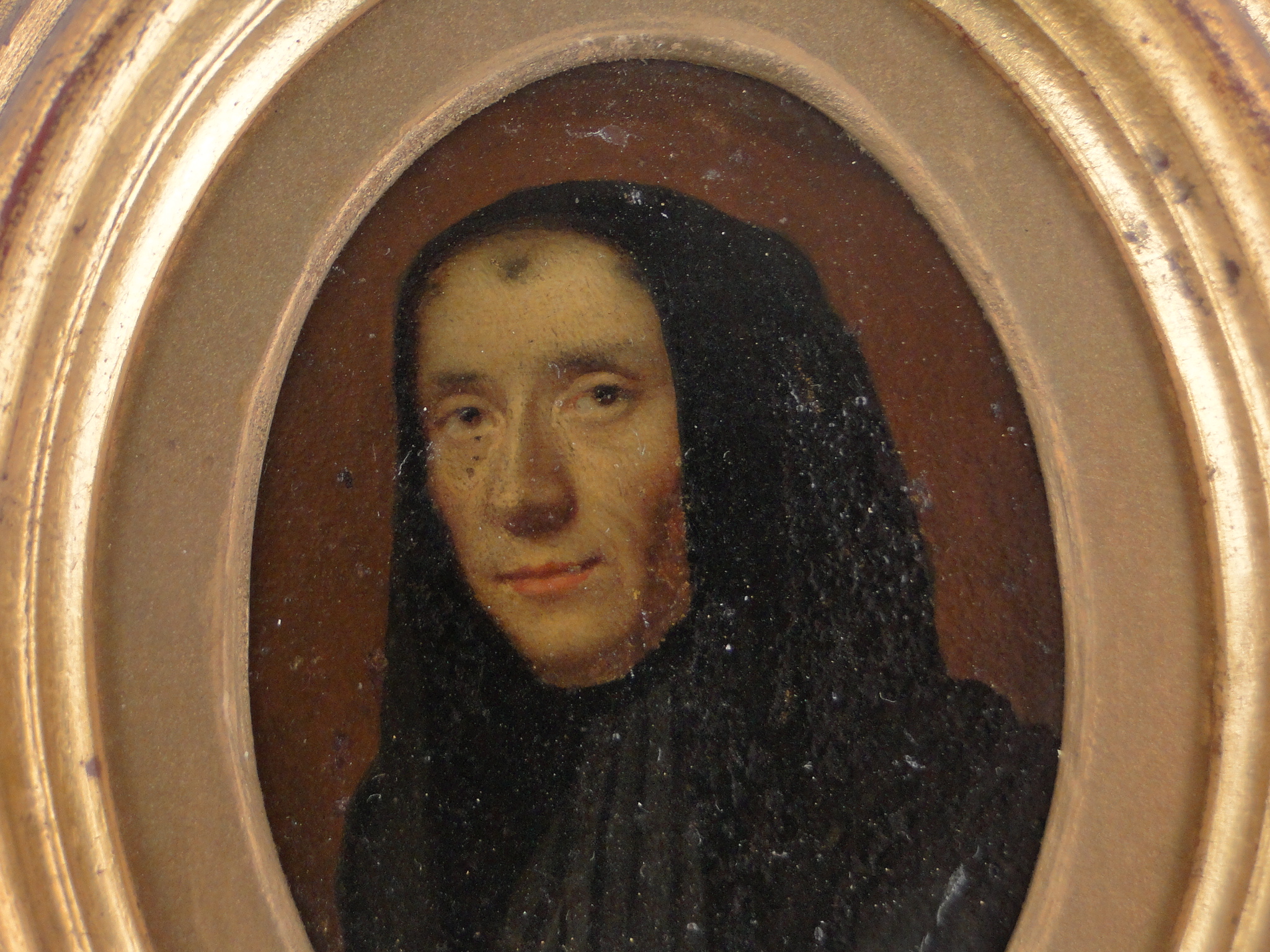 A 19th century miniature oil painting on metal, portrait of a man wearing a black cloak, unsigned, - Image 2 of 3