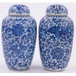 Pair of 19th century Chinese blue and white porcelain jars and covers, with painted floral designs,