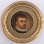A 19th century miniature oil painting on metal, portrait of a man wearing a ruff, unsigned,