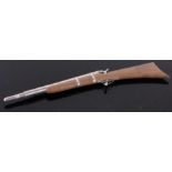 A Victorian nickel plate and stained wood novelty rifle design propelling pencil, length 5.5".