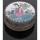 A Chinese circular metal snuff box with inset porcelain lid, diameter 2.25".