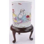 A Chinese porcelain brush pot, with painted figures and bats in gardens, height 5.