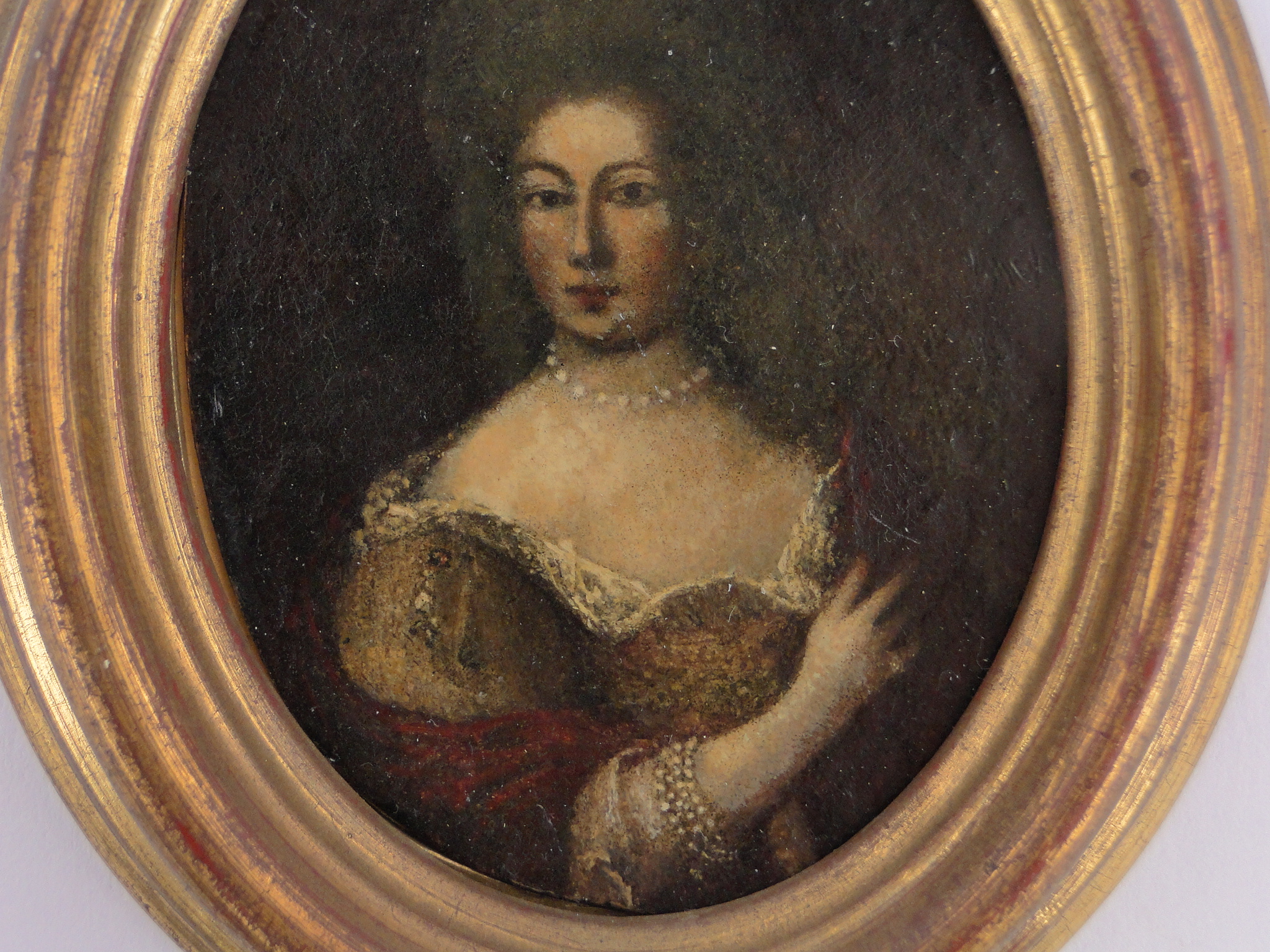 An 18th century miniature oil on metal, portrait of a woman, unsigned, moulded giltwood frame, - Image 2 of 3