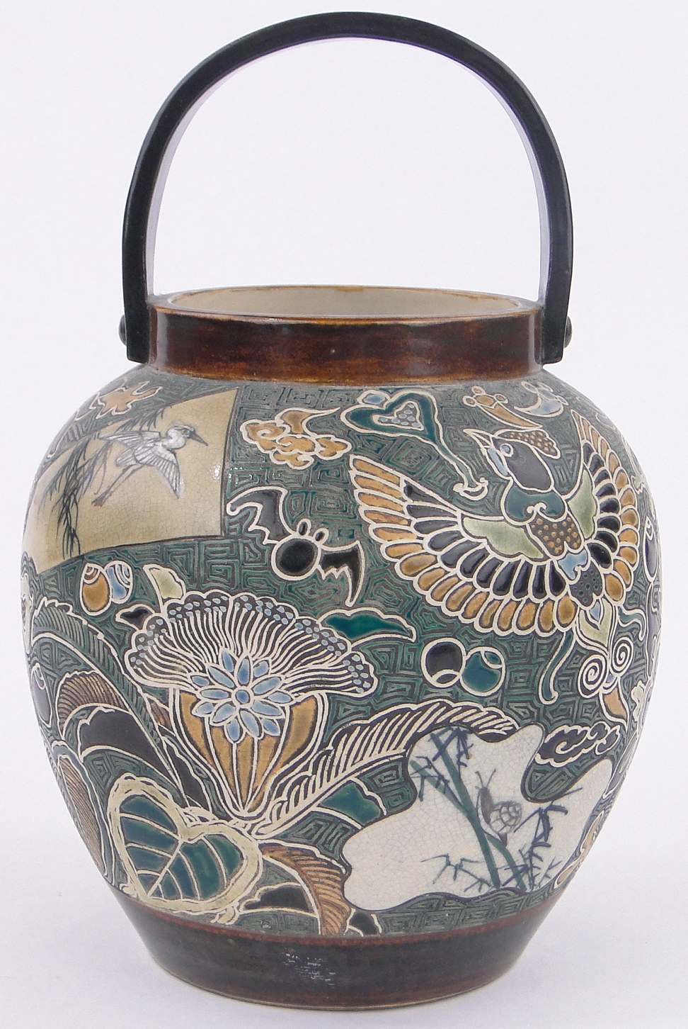 A Japanese ceramic biscuit barrel circa 1900, decorated with exotic birds, signed under base,