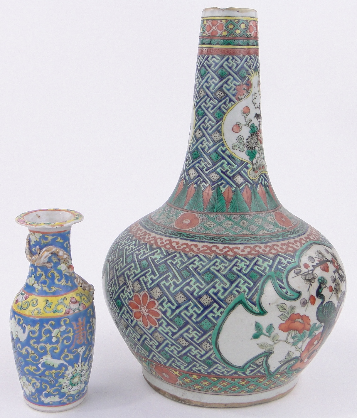 A Chinese Famille Vert porcelain baluster vase, with painted panels of exotic birds, - Image 2 of 3