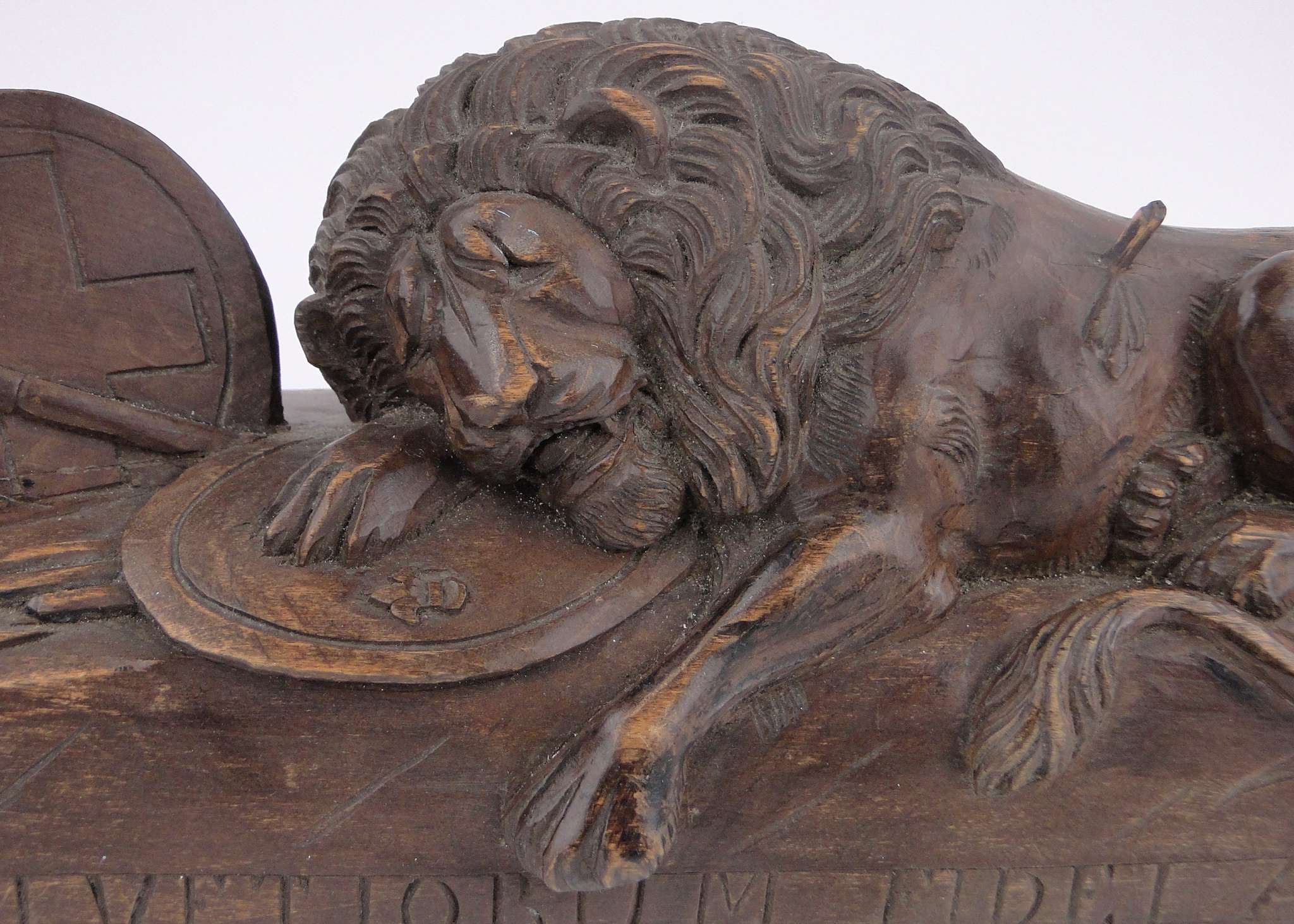 An Antique carved and stained wood heraldic lion, inscribed on base with date 1792, length 11.5". - Image 3 of 3