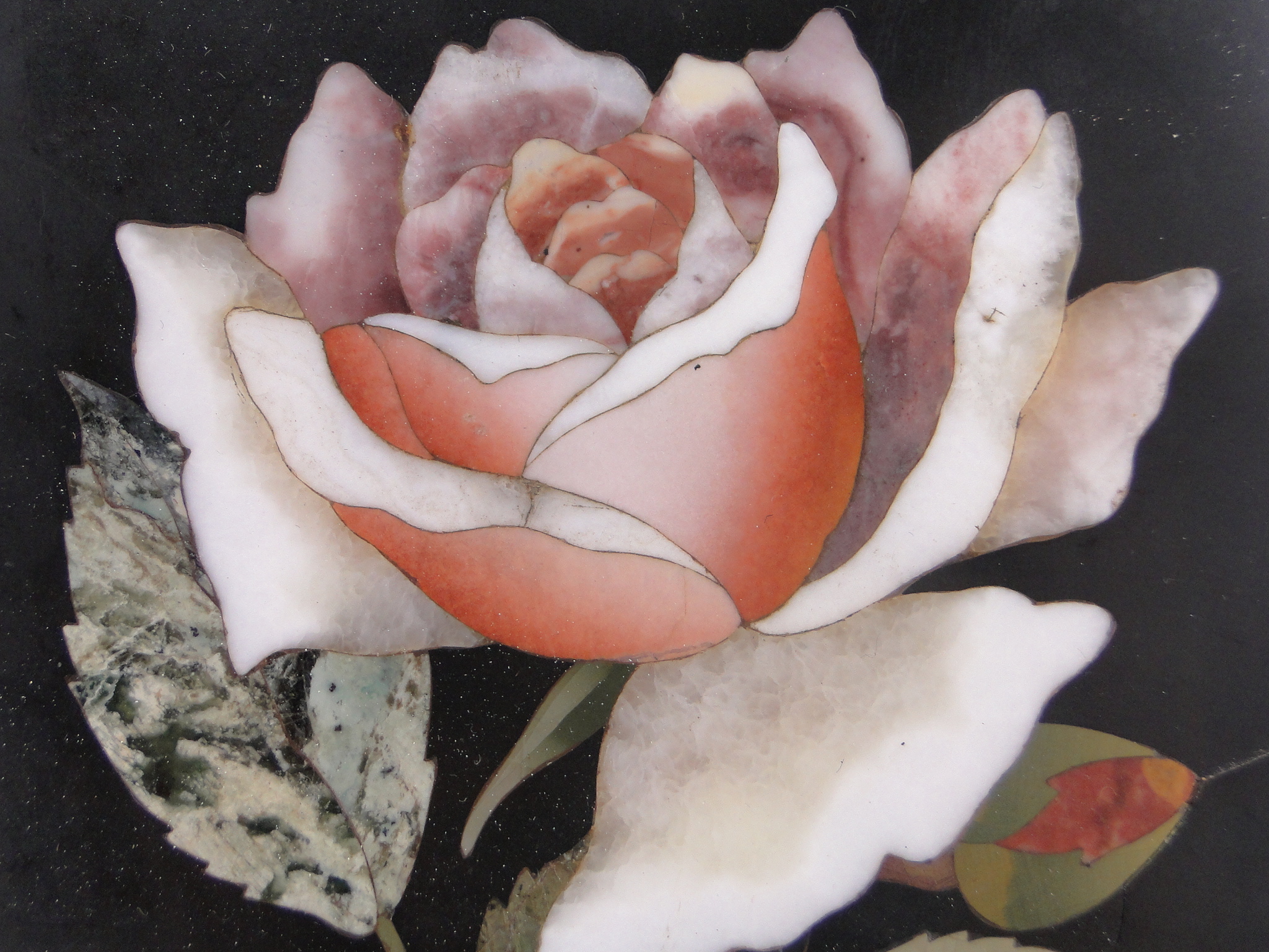 A Victorian pietra-dura specimen hardstone rose design plaque, 7" x 4.75", mounted on wooden easel. - Image 2 of 3