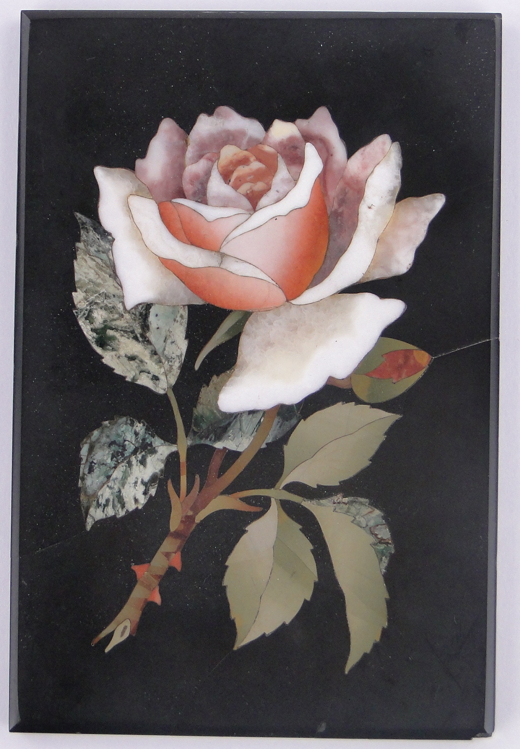 A Victorian pietra-dura specimen hardstone rose design plaque, 7" x 4.75", mounted on wooden easel. - Bild 3 aus 3