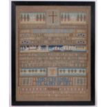 A 1932 needlework sampler with text, 16" x 13", framed.