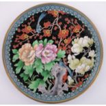 A large Chinese Cloisonne enamelled plate, with exotic birds and blossom, diameter 15".