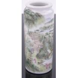 A Chinese cylindrical porcelain vase, with detailed painted landscapes, signed under foot,
