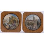 2 19th century colour transfer printed pot lids, 4.5" across, oak framed.