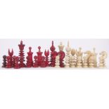 A Victorian red and white stained ivory chess set, King height 3.25", 1 pawn replaced.