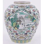 A Chinese porcelain vase, with painted enamel panels and scrolls, height 11".