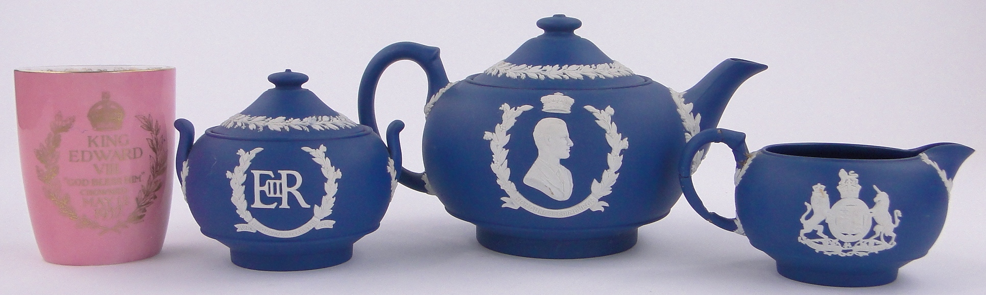 A Wedgwood Jasperware 3-piece Commemorative teaset and a Doulton 1937 Coronation Ware cup, (4). - Image 2 of 3