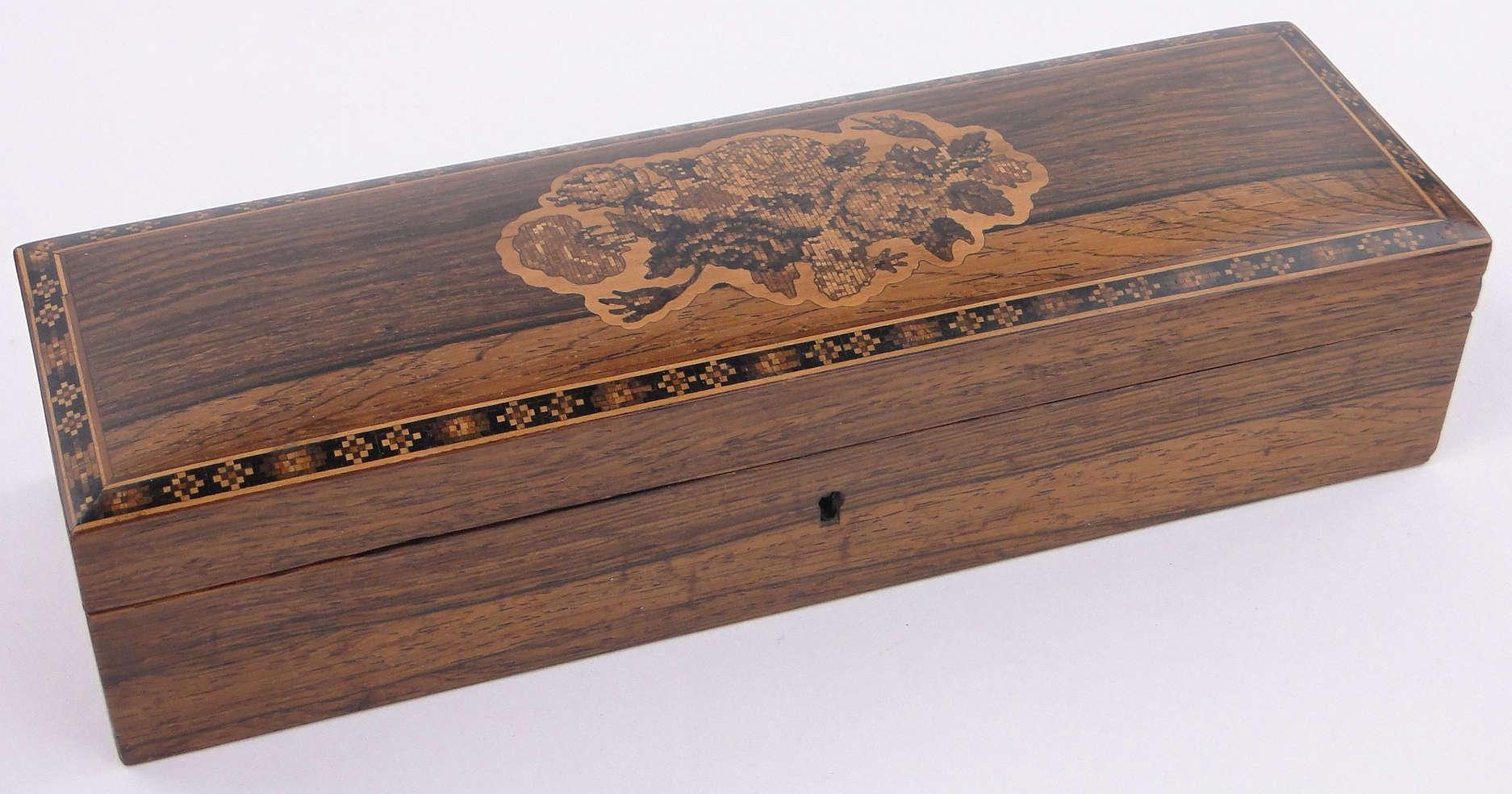 A Victorian Tunbridgeware and rosewood glove box, with micro-mosaic rose decorated lid, length 10".