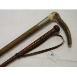 A horn handled riding crop and a leather riding crop, (2).