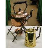 An Arts & Crafts kettle on stand, S W S & B, and a brass Art Nouveau lidded jug.