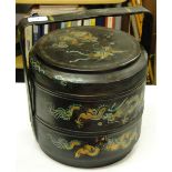 An Oriental set of 2 covered lacquered boxes with painted dragon decoration and carrying handle.