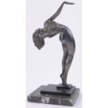 An Art Deco silver patinated bronze naked dancing girl, unsigned,