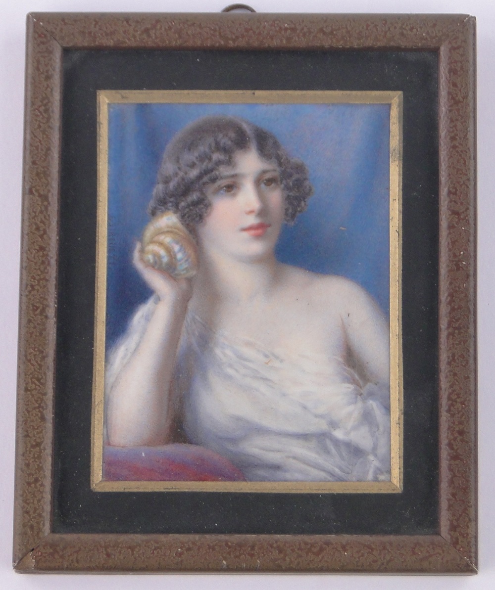 A miniature watercolour on ivory, portrait of a girl holding a shell to her ear,