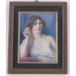 A miniature watercolour on ivory, portrait of a girl holding a shell to her ear,