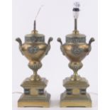 A pair of 19th century brass classical design 2-handled lamp bases,