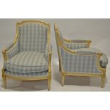 A pair of Louis XIV style painted French Fauteuil armchairs, (recently re-upholstered).