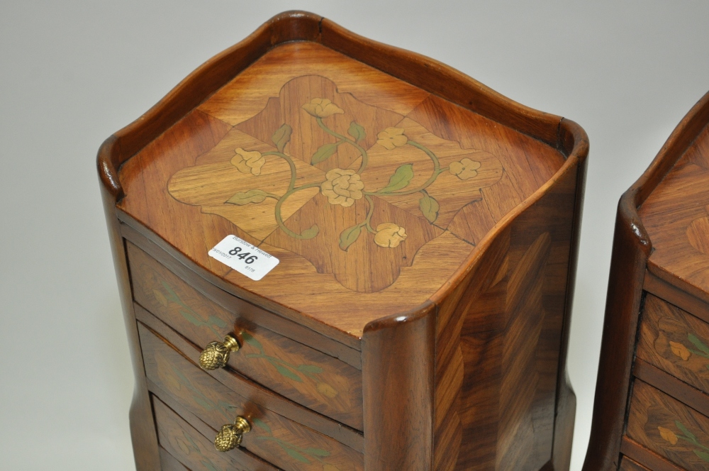 Pair of Continental walnut and marquetry decorated three-drawer bedside chests, - Image 2 of 6