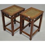 Pair of Oriental stained wood side tables, with inset woven panel and carved frieze, height 1'8",