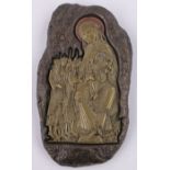 A reproduction gilded composition relief plaque, depicting religious figures, signed G Schoeman,