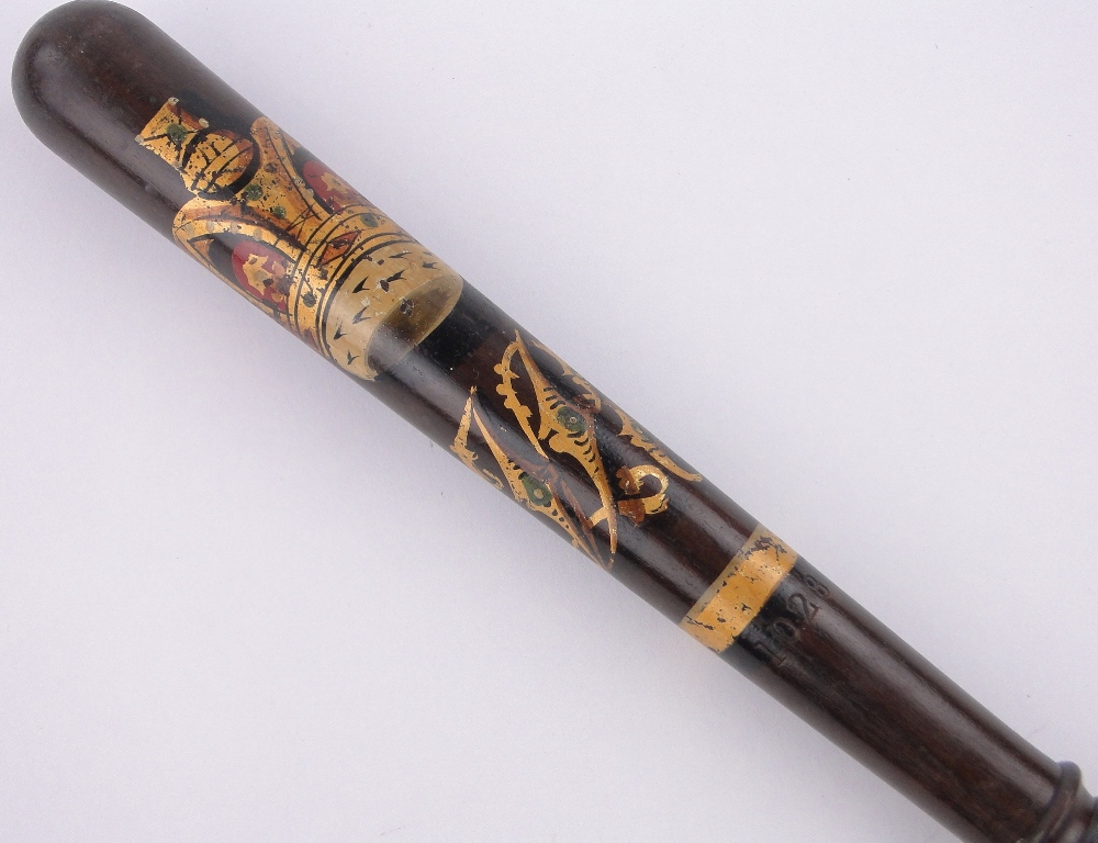 A Victorian hardwood policeman's truncheon, painted and gilded V R cipher by McNaughton of Glasgow, - Image 2 of 4