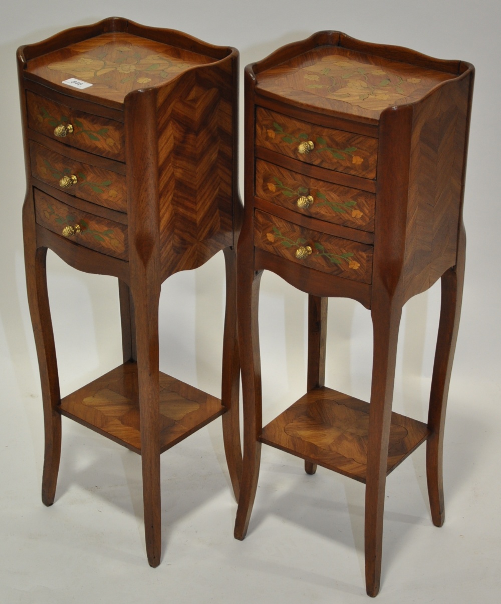Pair of Continental walnut and marquetry decorated three-drawer bedside chests,
