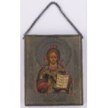 An Antique Russian gilded metal icon, with inset painted panel, height 7".
