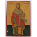 An Antique Greek painted and gilded wood icon, depicting a standing priest with line of Greek text,