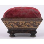 A Victorian Tunbridge Ware and rosewood pin cushion, with scroll parquetry inlaid frieze, length 2.